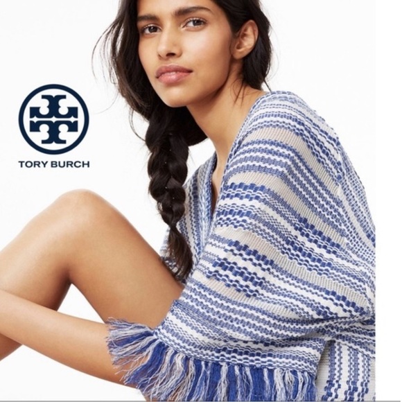 TORY BURCH TEXTURED WOVEN EMPIRE WAIST BOHO BLUE WHITE TUNIC TOP SIZE MEDIUM NWT - Picture 4 of 16